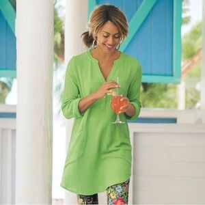 Soft Surroundings Cotton Gauze Tunic Popover Top Size 2X Meadow Green Santorini